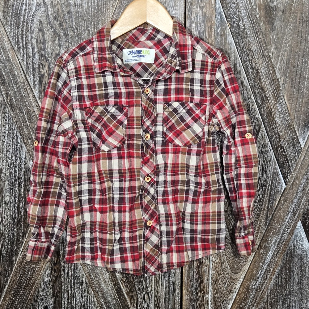 Genuine Kids From Oshkosh Youth 5T Plaid Button Down Red/Brown Long-sleeve Shirt